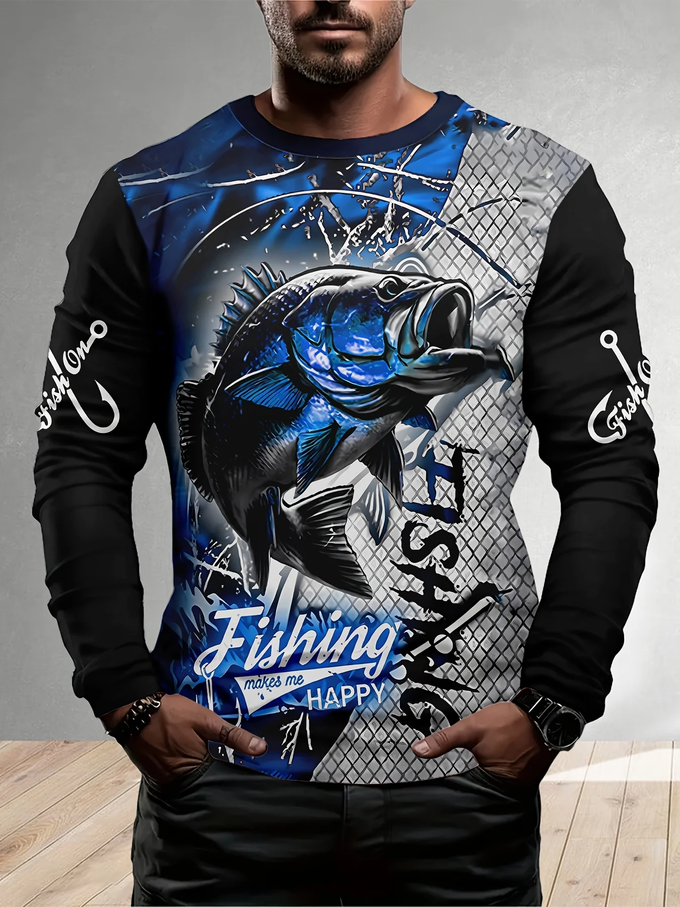 

2025 Men's Casual Geometric Swirl Print Long Sleeve T-Shirt - Polyester Blend Crew Neck with Slight Stretch