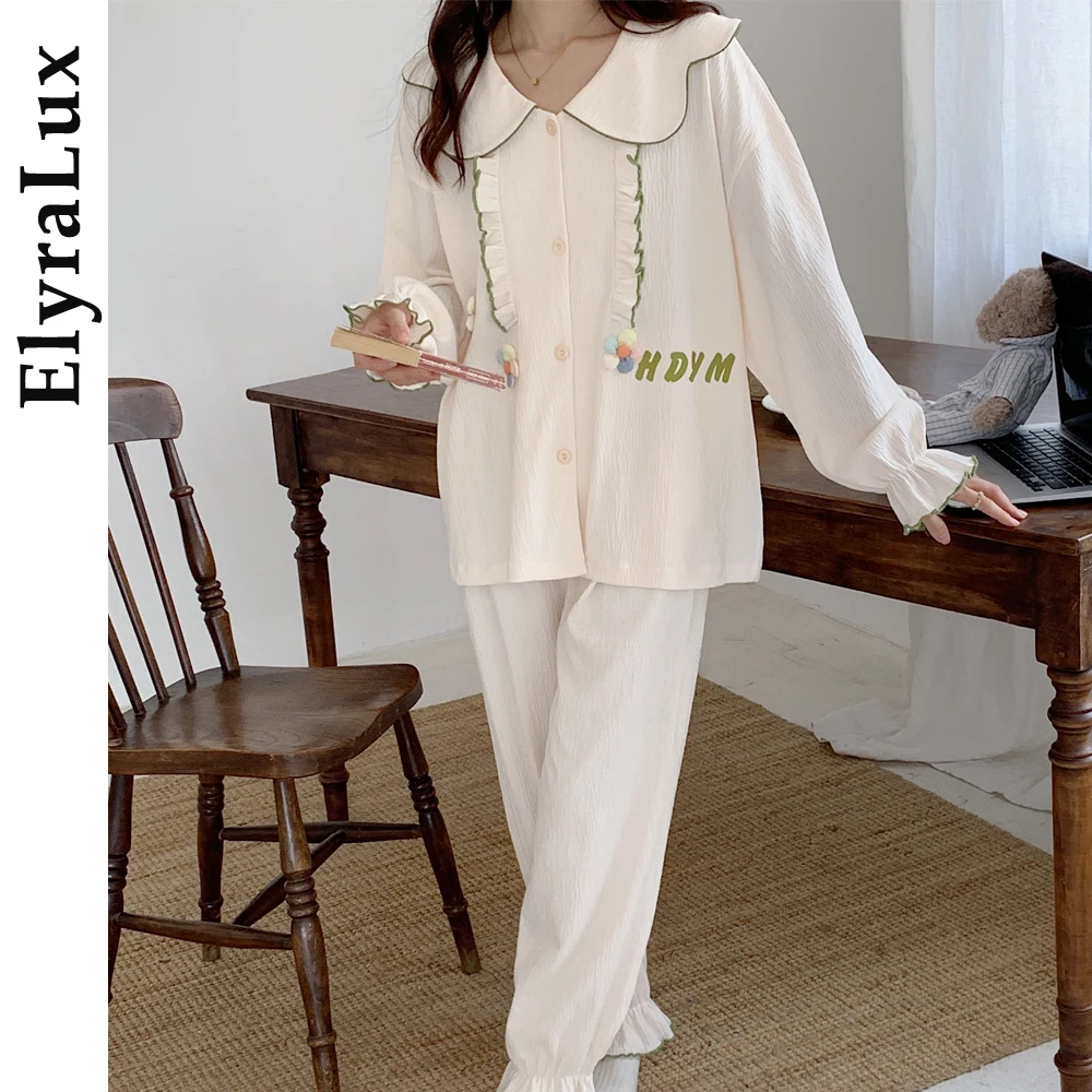 

ElyraLux милая пижама для женщин, зимняя одежда для сна, теплая мягкая трикотажная хлопково-марлевая домашняя одежда в стиле принцессы, осенняя одежда с длинным рукавом