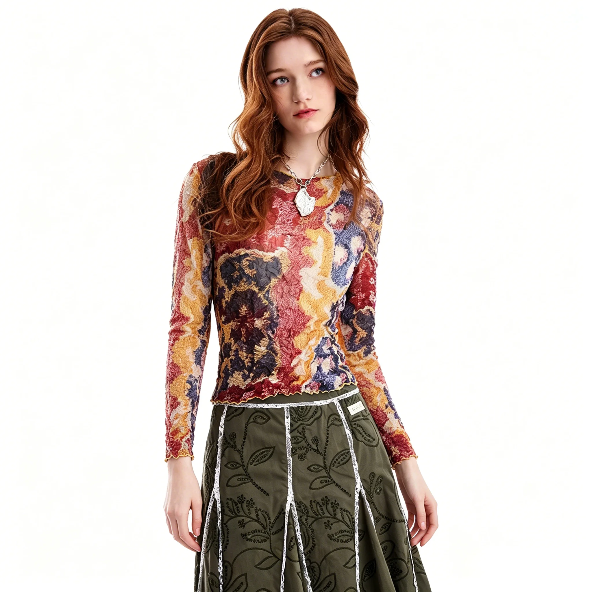 Foreign trade Spain original single women's T-shirt long sleeved elastic lightweight pleated printed top 2026 new product