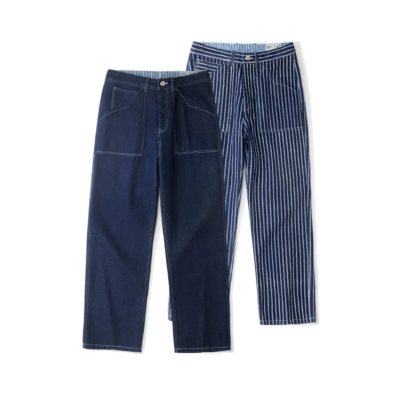 OKONKWO Americana WABASH Double Striped Denim Work Pants Multi-Pocket Underground Worker Long Trousers
