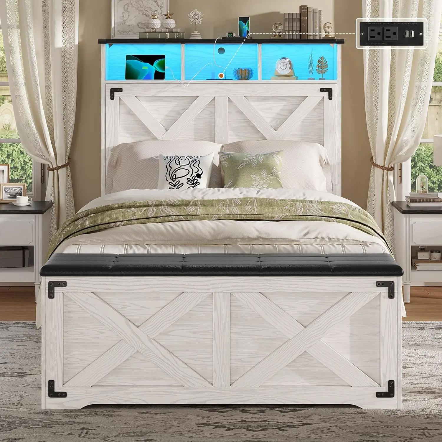 Farmhouse Bed Frame Twin Size with Storage Headboard, Charging Station and LED Light, Wooden Twin Bed Frame with, Customized