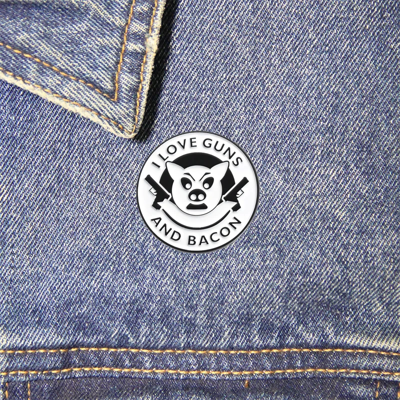 I Love Guns And Bacon Enamel Pins Cartoon Animal Brooches Metal Decorative Lapel Badge Backpack Clothes Jewelry Gift for Friends