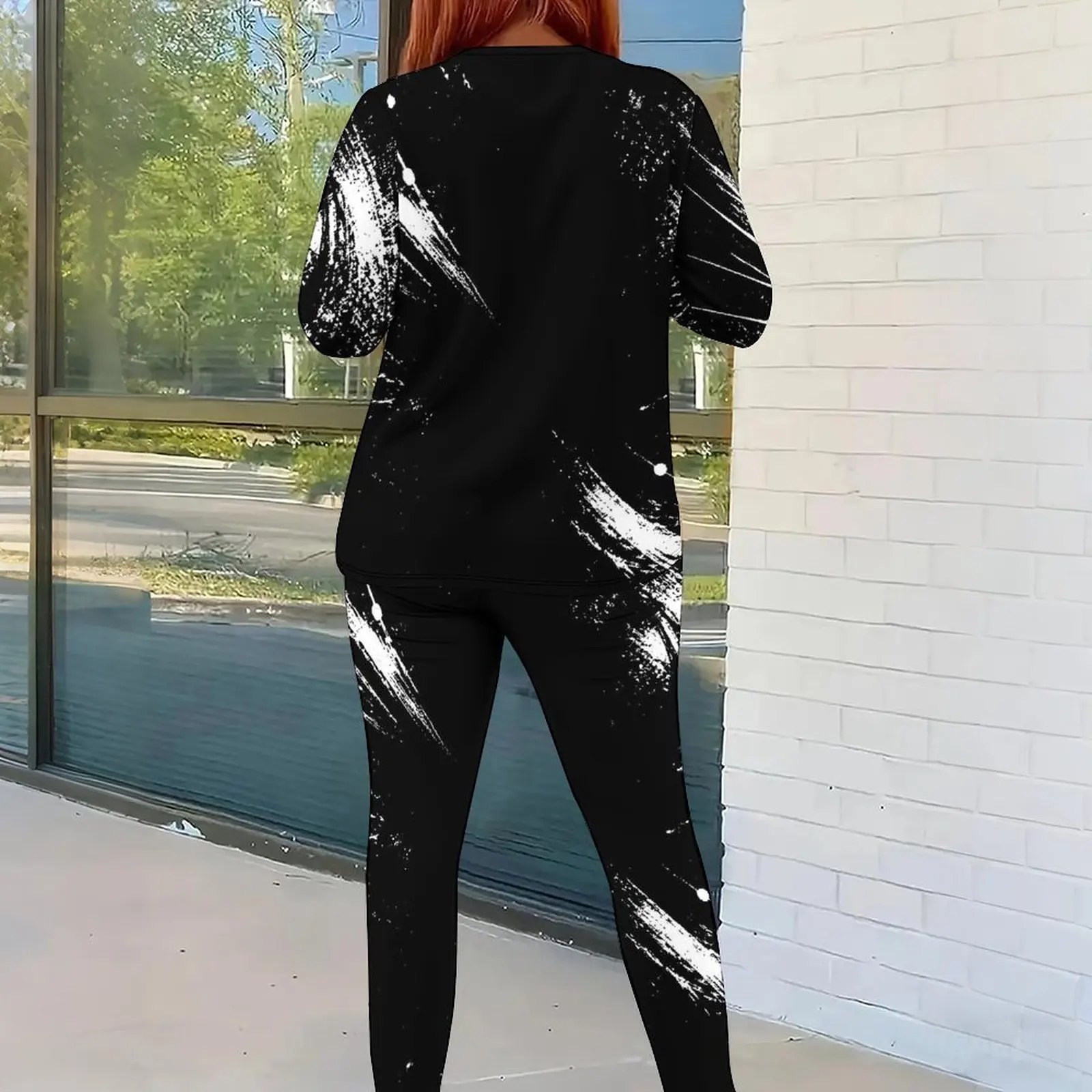Women Black White Abstract Splatter Streak Print Long Sleeve Round Neck Top And Fitted Pants Two Piece Set