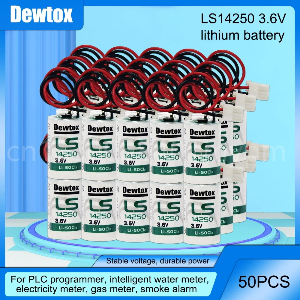 

50PCS 3.6V LS14250 14250 1/2AA ER14250 LiSOCL2 Lithium Battery With Plug For ETC PLC Programmer Water Meter Dry Primary Battery