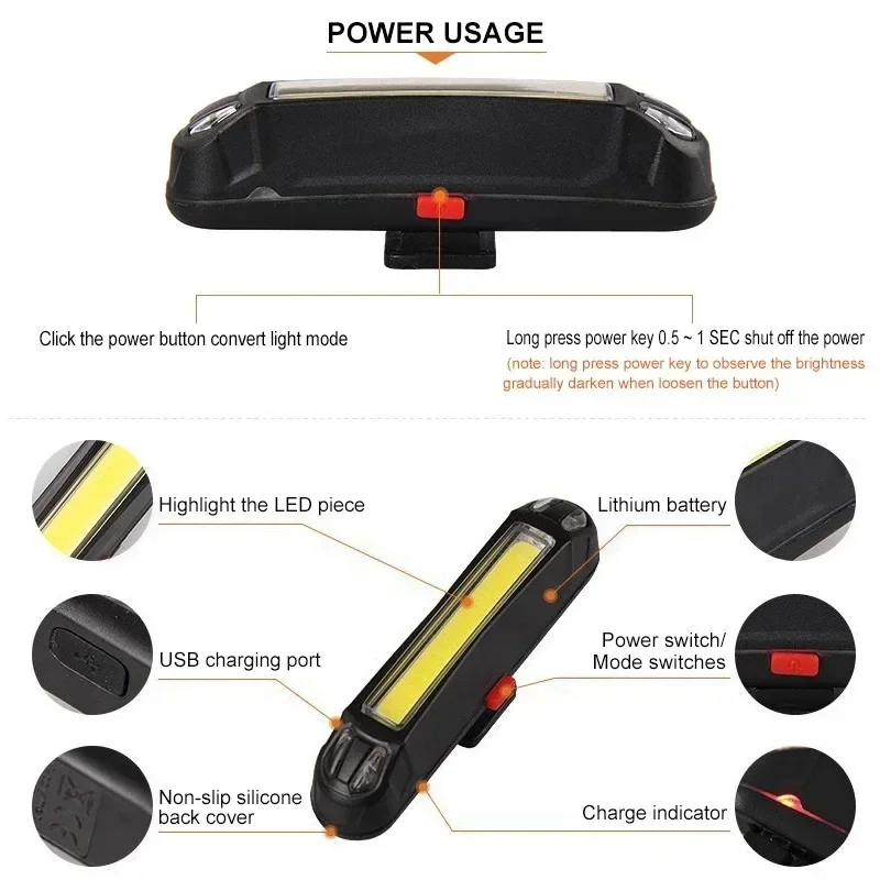 Fietsachterlicht, veiligheidslamp of fietslicht, duurzaam, waterdicht, USB oplaadbaar, LED, knipperend, voor nachtfietsen.