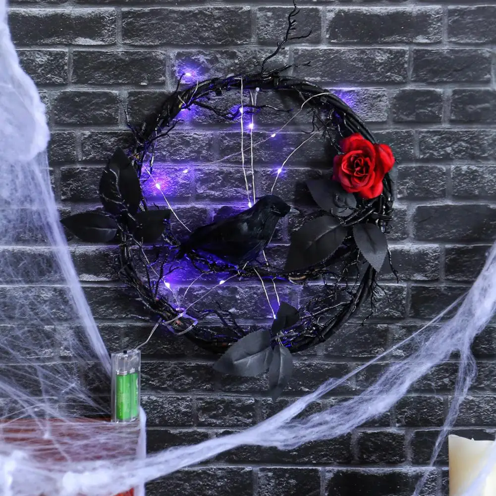 Black Crow Decoration Eerie Ambience Decor Glowing Dead Branches Black Crow Wreath with Rose Garland for Halloween Home Decor