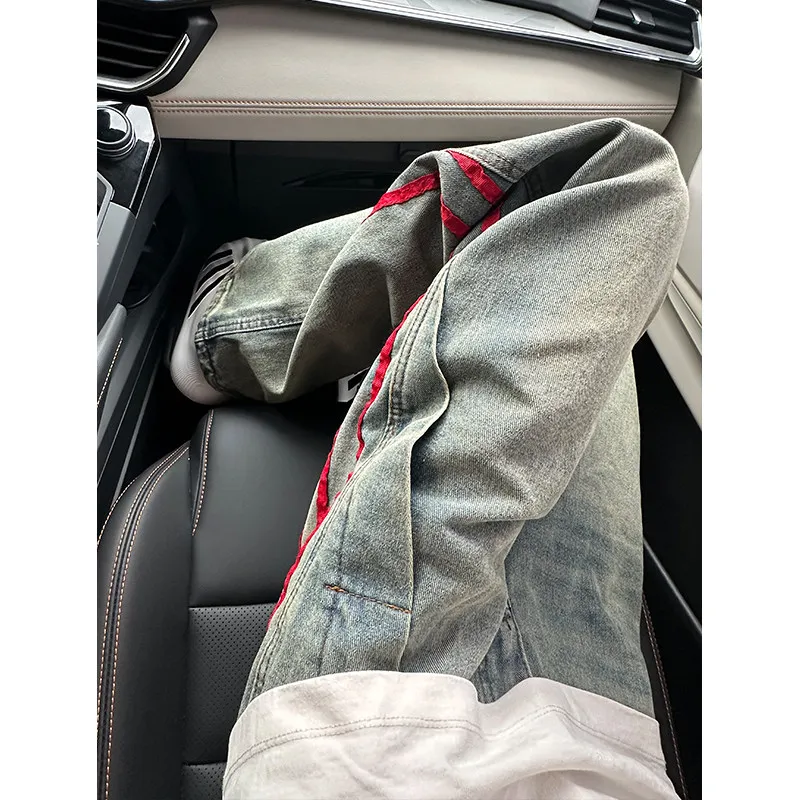

Retro American Striped Splicing Jeans Men's Loose Wide Leg Pants High Street Straight Workwear Trousers Youth Faion Jeans
