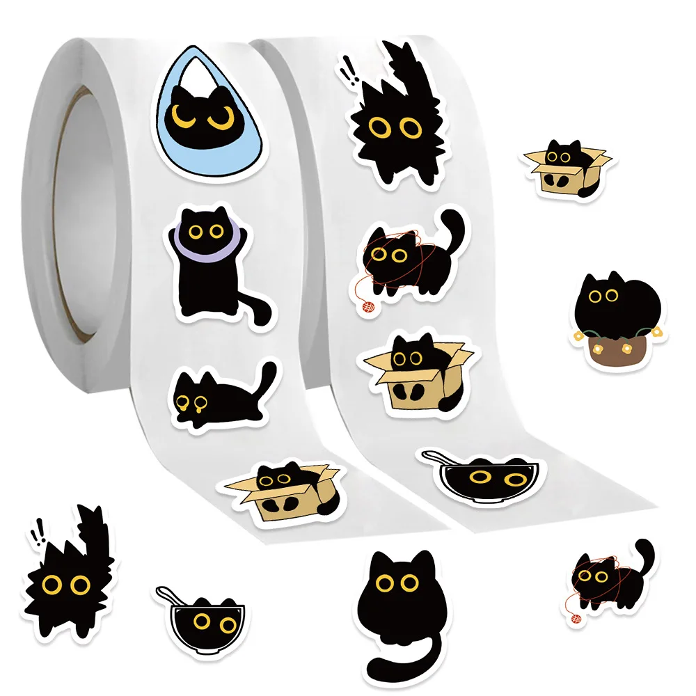 

500 шт. рулонная клейкая лента с рисунком маленького черного кота, животного, материал для ручного счета, декоративный конверт, водонепроницаемая прочная наклейка