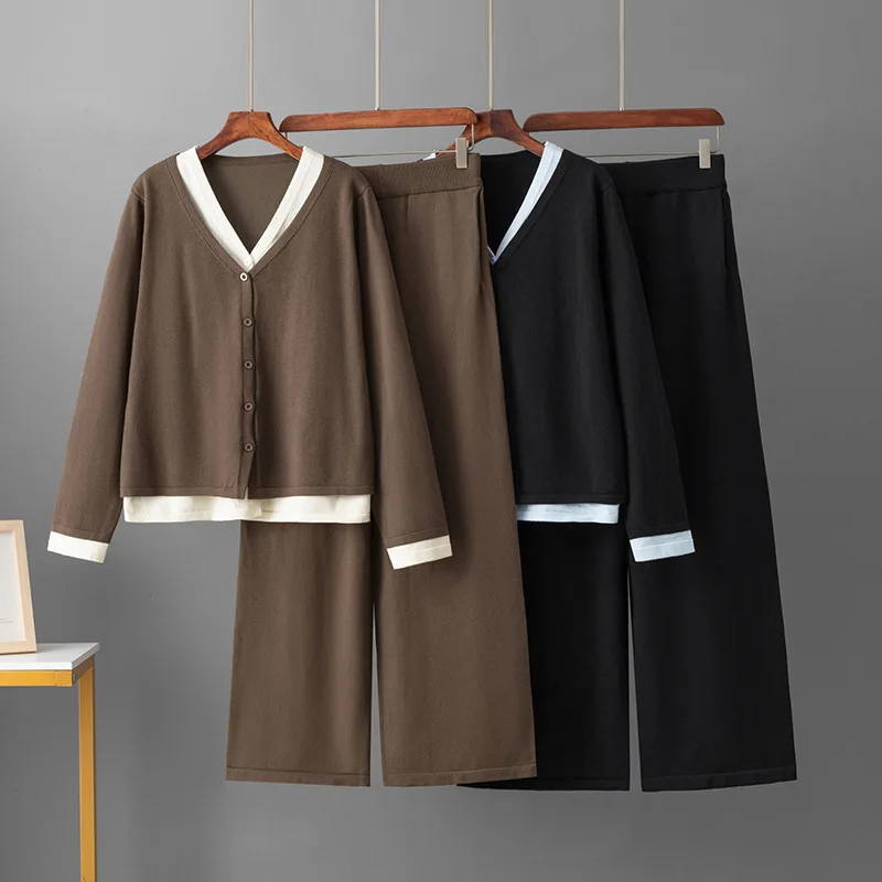 

Casual Loose V-neck single breasted long sleeve fake 2-piece cardigan+elastic waist pant 2-piece sports suit winter Women's Suit