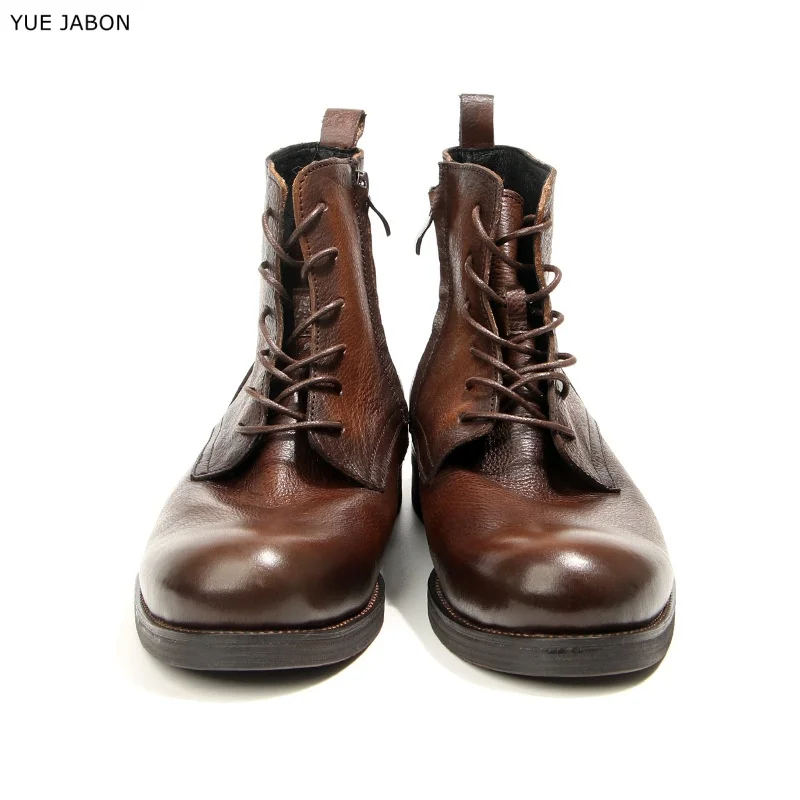Brown Cowhide Men's Boots Genuine Leather Shoes Men Side Zipper Ankle Boots Handmade Retro Luxury Men's Formal Shoes Black