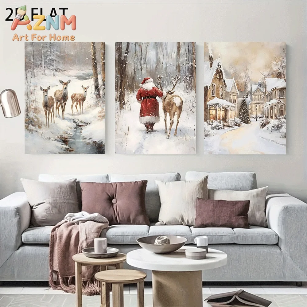 AZNM Christmas Santa Claus Reindeer Winter Snow Forest Town Canvas Wall Art, Vintage Xmas Snowy Landscape Print Painting for Liv