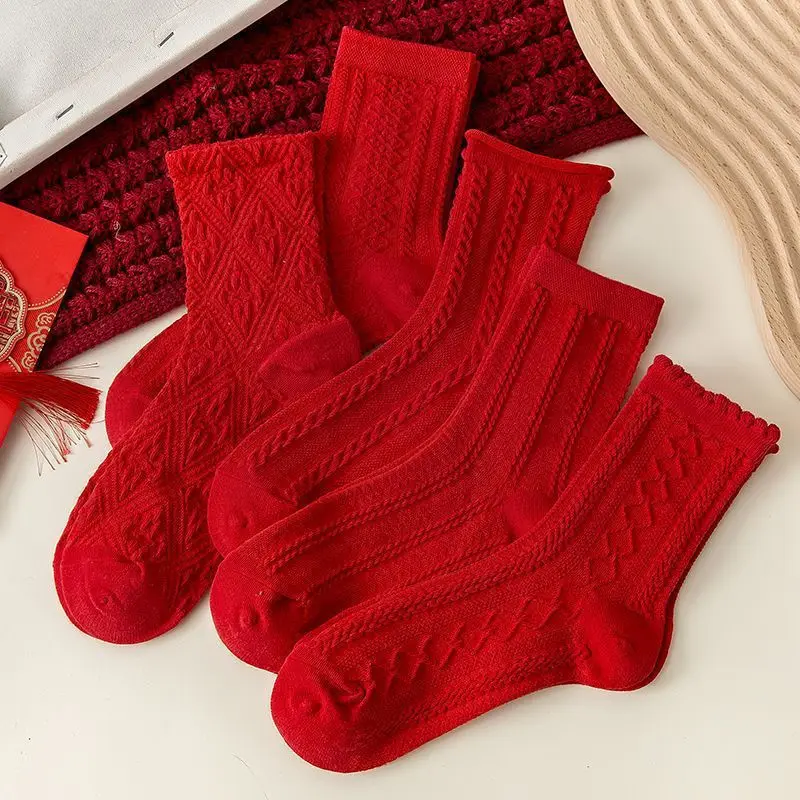 1/5 Paar rote lange Damensocken, modischer chinesischer Neujahrsstil, Diamantgitter-Textur, weich, bequem, für alle Jahreszeiten, lässige Socken – Detail 4