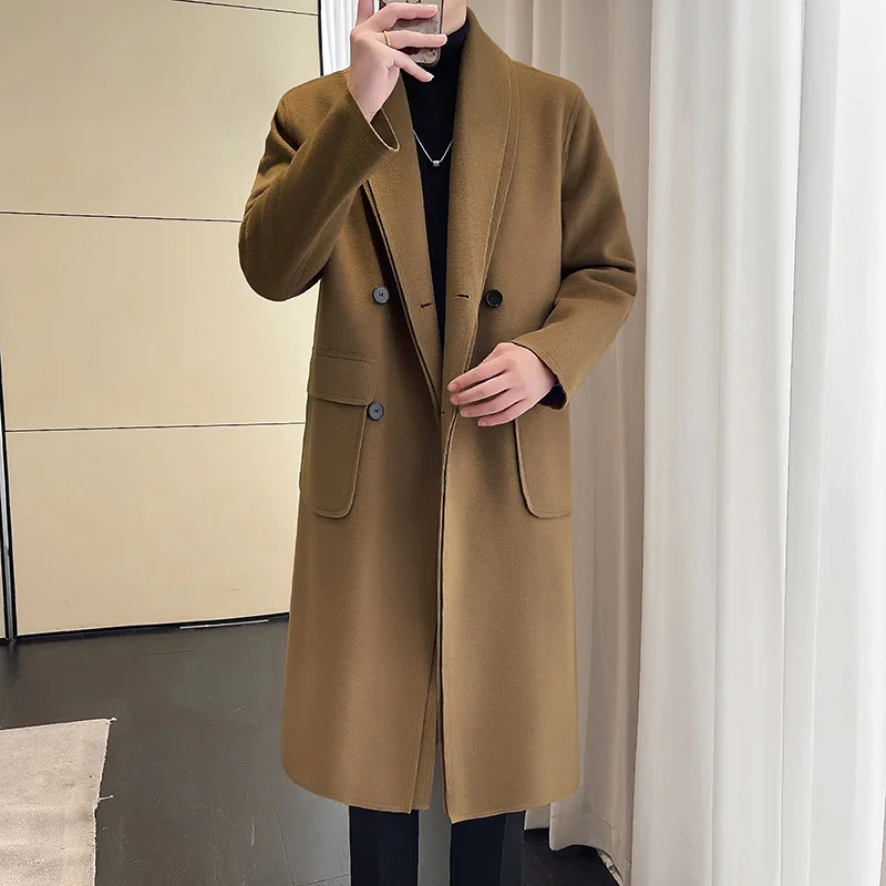 

Men's overcoat Men Long Cotton CoatDouble-layer collar New Wool Blend Pure Color Casual Business Fashion Slim Windbreaker Jacket
