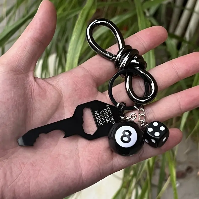 originaDIY Metal keychain Fashion waist decoration Backpack ornament Lucky Dice Black 8 Portable bottle opener Men\'s small gifts