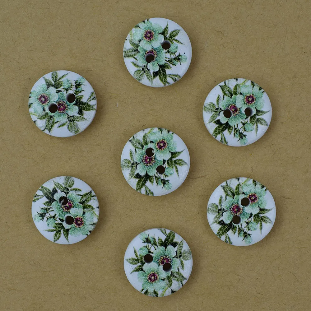 50PCS 15MM Cartoon Flower Buttons Color Children's Round Button Wooden Handmade Scrapbook Wedding Decoration Sewing Accessories