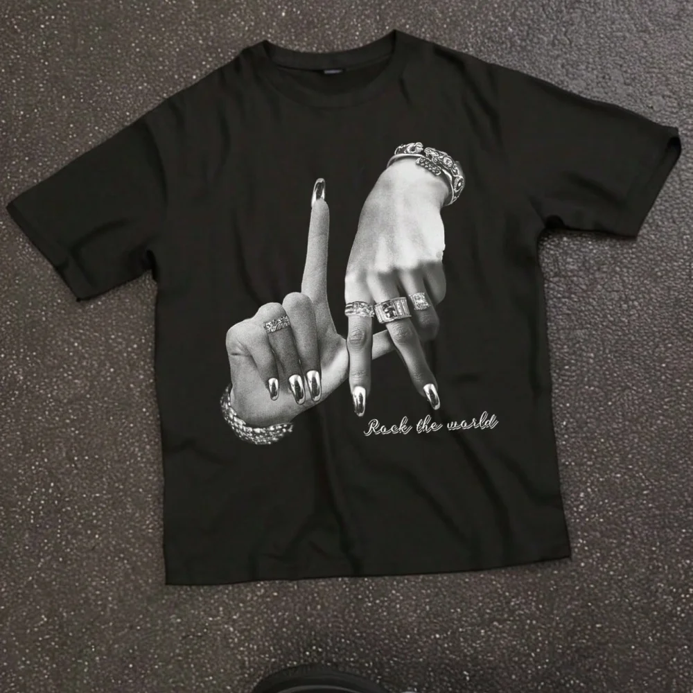 Slaydiva Camiseta holgada de manga corta con cuello redondo y estampado de gestos de mano para mujer, informal, sencilla, de verano