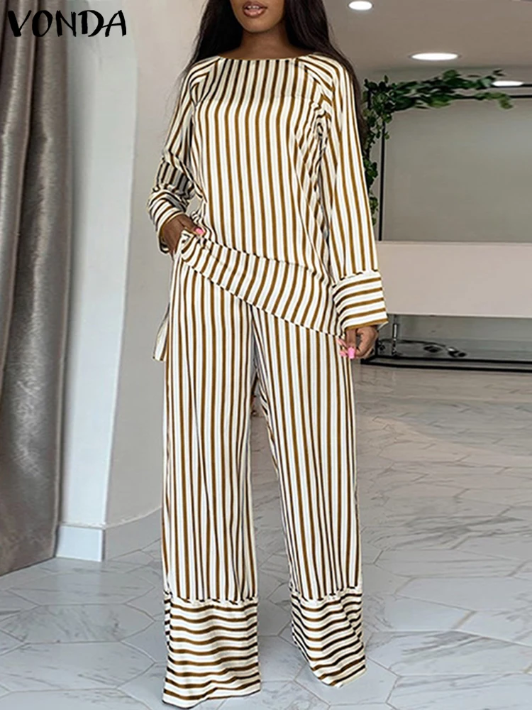 

VONDA Women Fashion Stripe Pant Sets 2024 Casual Long Sleeve Tops and High Waist Pants Loose Elegant Streetwear Suits