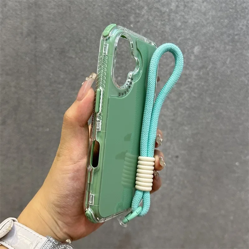 Candy Colored Airbag Shockproof Cover for iPhone 16 15 14 Plus 13 12 11 Pro Max Luxury Lanyard Case for iPhone 7 8 X Xr Xs Max