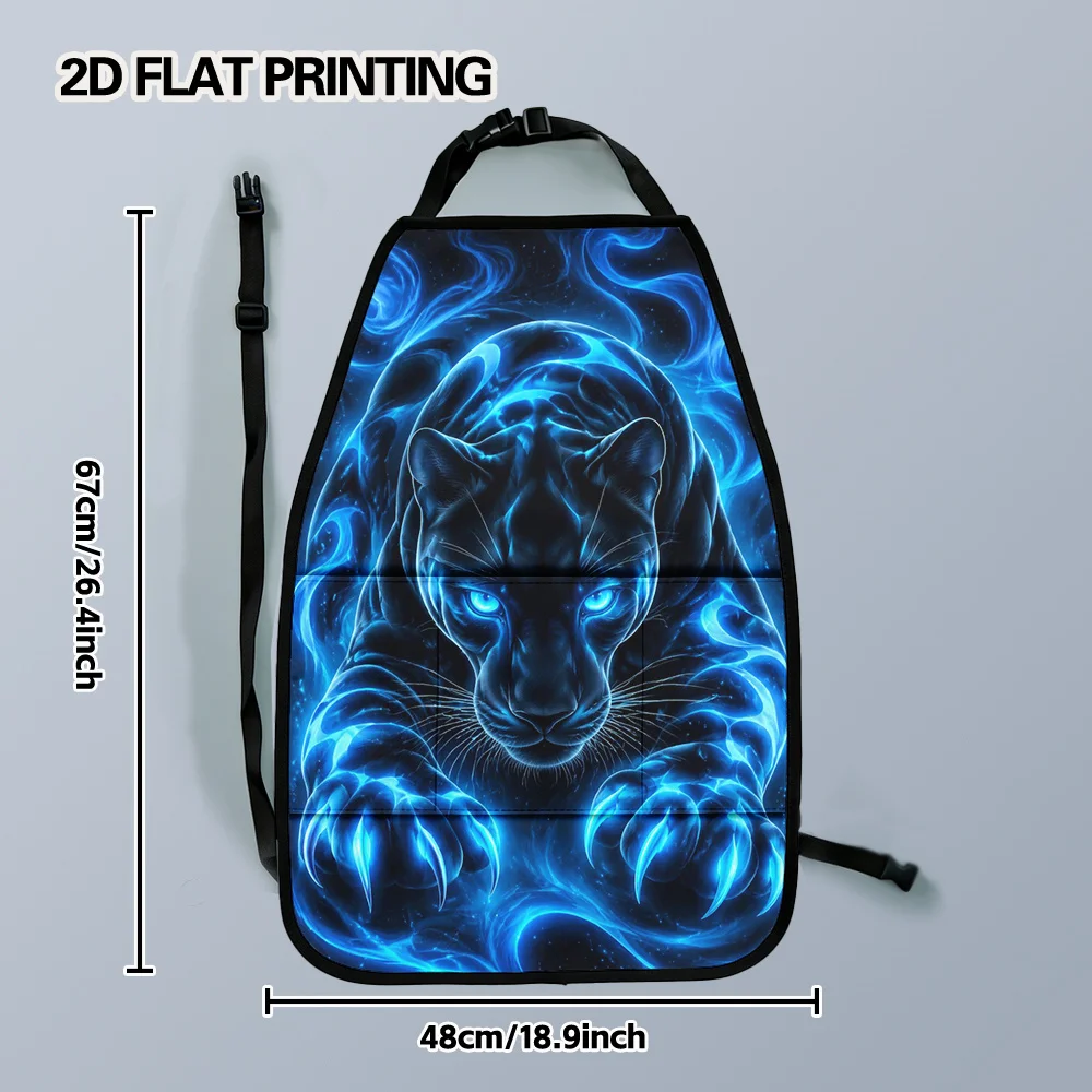 2D Flat, 2pcs Car Kick Mats With Organizer, Panther Print Minimalist Pattern, Back Seat Car Organizer, Complementing Car Interio