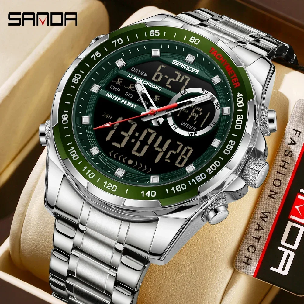 SANDA Men's Analog Digital Dual Display Quartz Wristwatch 50M Waterproof LED Backlight Stainless Sreel Chronograph Sports Watch