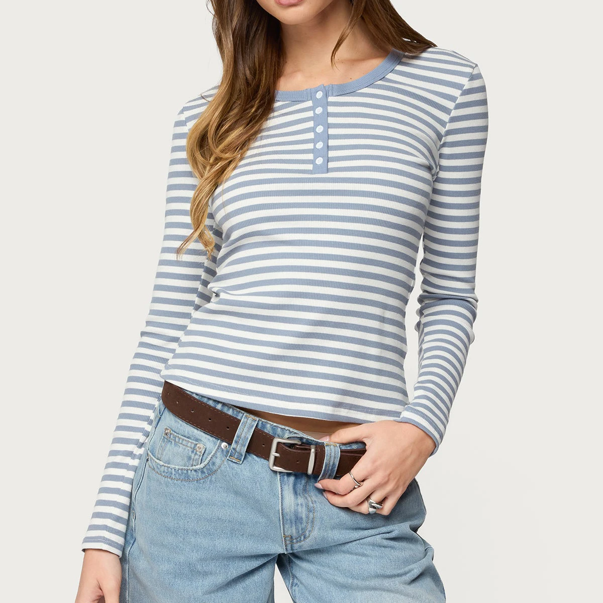 عادية كم طويل مخطط زر الجبهة تي شيرت المرأة الأساسية صالة المحاصيل القمم الخريف Preppy في سن المراهقة فتاة الكلاسيكية صالح البلوز تيز