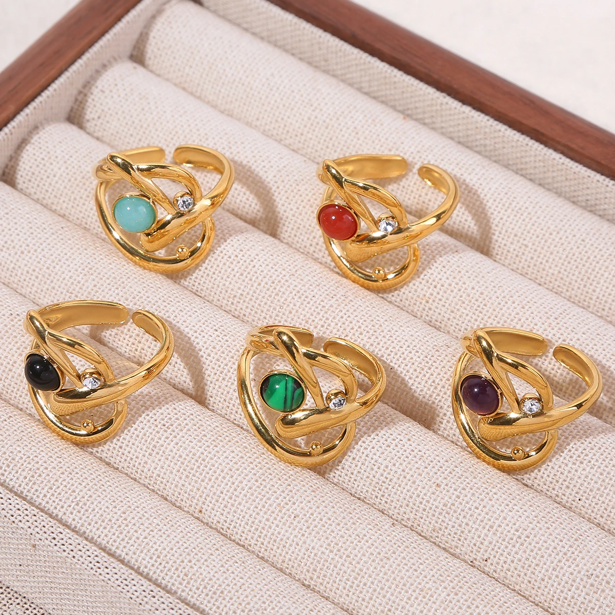 

Vintage Irregular Hollow Stainless Steel Rings For Women Girls Boho Zircons Natural Stones Inlaid Wedding Engagement Open Ring