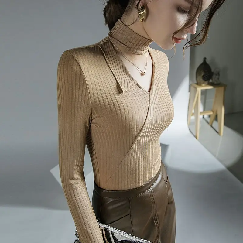 Elegant Fashion Hollow Halter Solid Color All-match Long Sleeve Tops Sexy Slim Spliced Knitted Sweaters Jumpers Women\'s Clothing