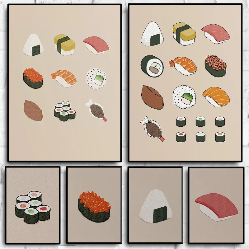 Minimalist Japanese Sushi Guide Poster Boho Retro Food Watercolour Picture Canvas Painting Wall Art for Kitchen Room Home Dec