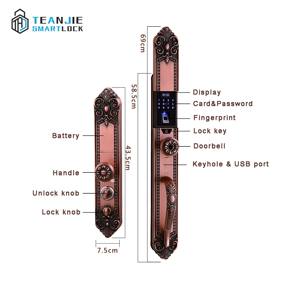 Classic Style Full Automatic Biometric Door Lock Digital Keyless Smart Fingerprint Entry Zinc Alloy for Wood Steel Memory Card
