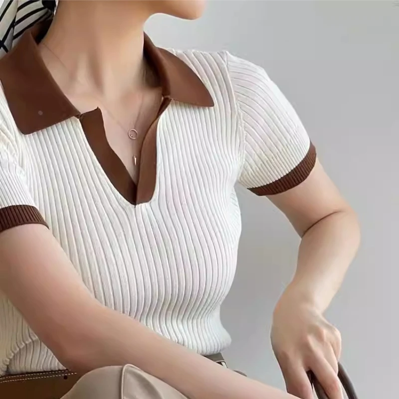REALEFT Summer Patchwork French Style Polo Women's T-shirts 2025 New Short Sleeve Knitted Slim Shirts Knitwear Tops Female
