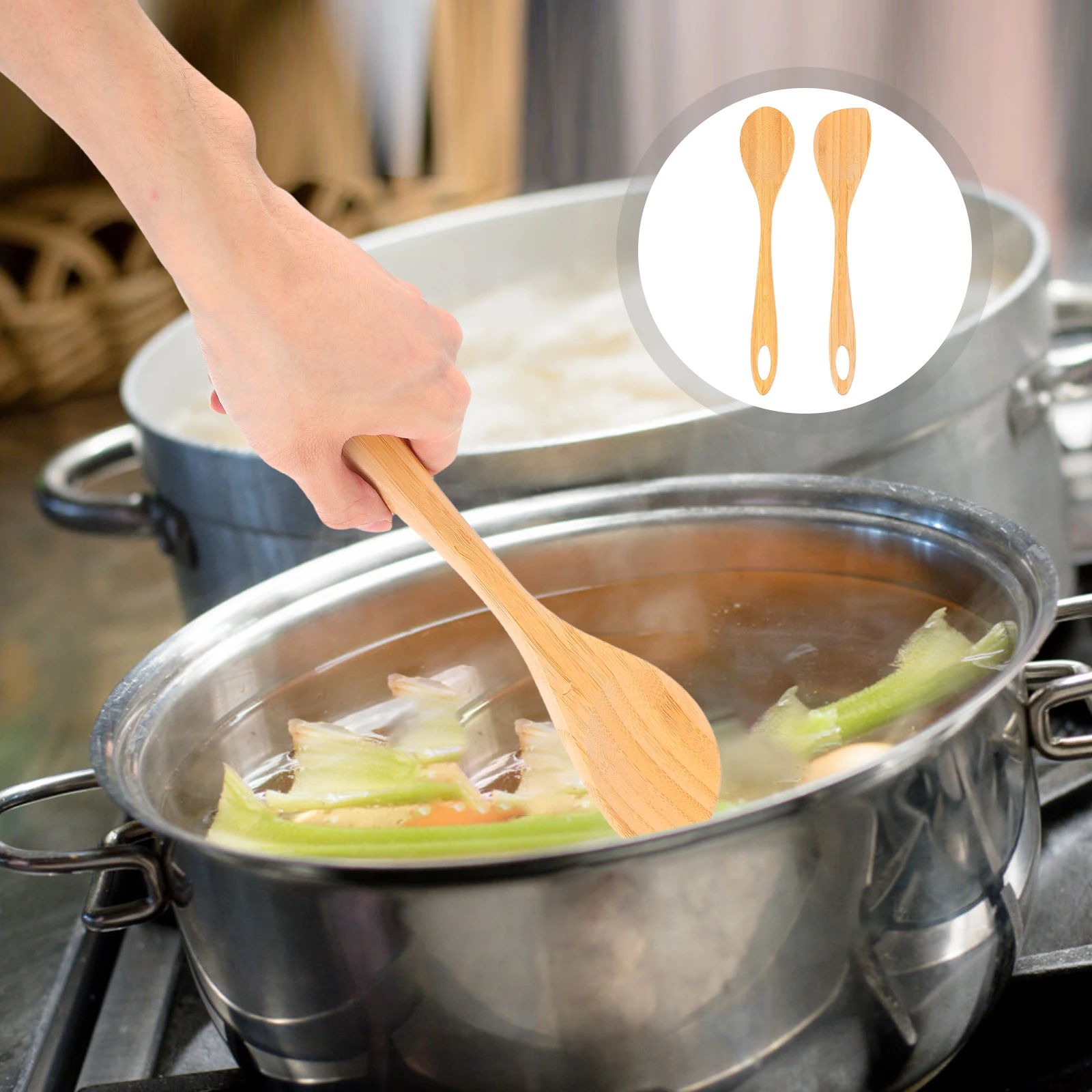 

2Pcs Bamboo Cooking Spoons Long Handled Kitchen Utensils Nonstick Safe Salad Stirring Serving Set Bamboo