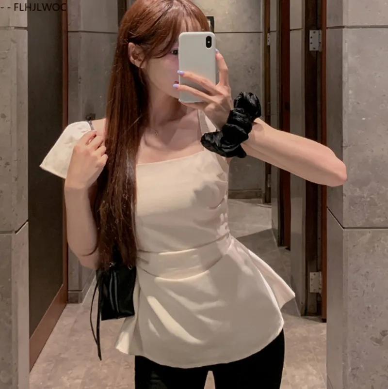 Hauts péplum à lacets, couche drapée, mignons et doux pour filles du japon, rétro, solide, col carré, taille fine, chemisiers Design Chic Y2K