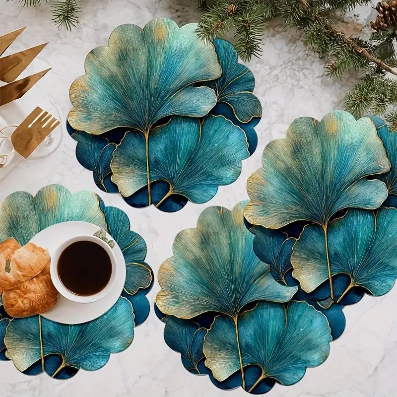 VIKAMA Ginkgo Leaf Blue Gold Placemat Teal Foliage Golden Vein Wavy Edge Botanical Table Mat Dining Decor Heat Resistant Cute