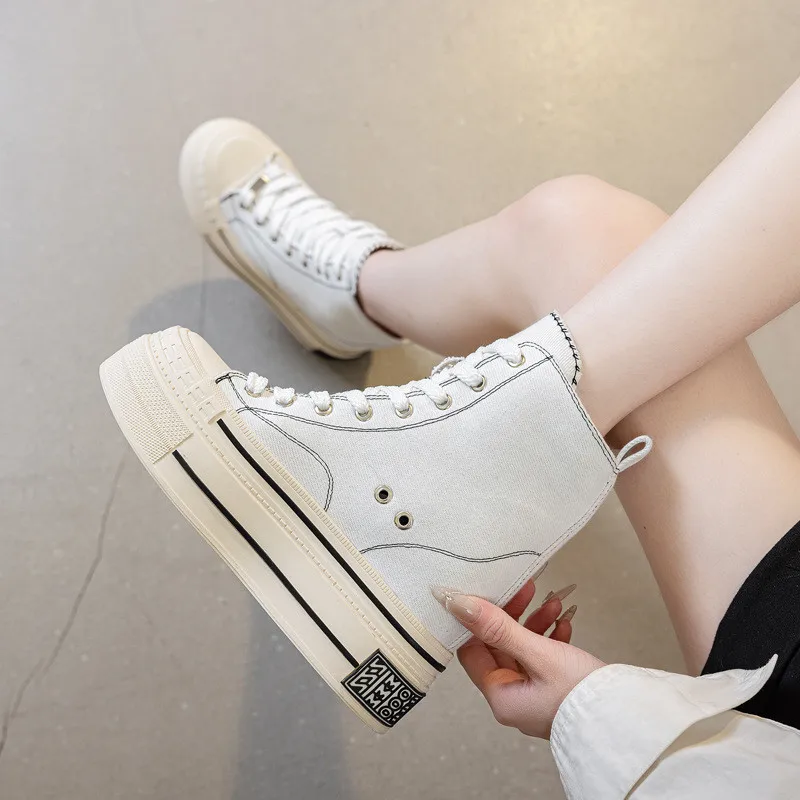 

Spring Autumn 12CM Street Style Denim Canvas Women Ankle Boots Casual Female Platform Wedge Breathable Casual Vulcanized Shoes
