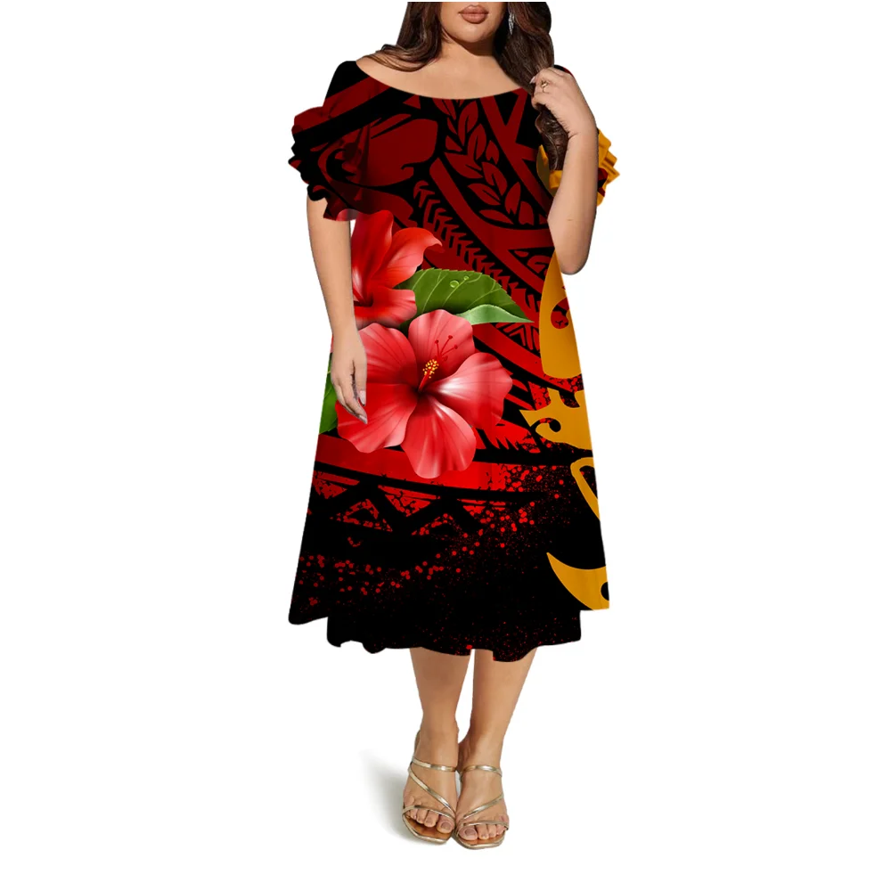 Ladies' Round-Neck Short-Sleeved Dress Puletasi Two-Piece Set Polynesian Samoan Island Custom Elegant Top And Long Dress