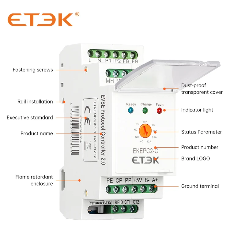 ETEC EKEPC2 Cable type European Standard Single phase Three Phase 10 16 20 25 32A Modbus-RTU RS485 EVSE with RCMU