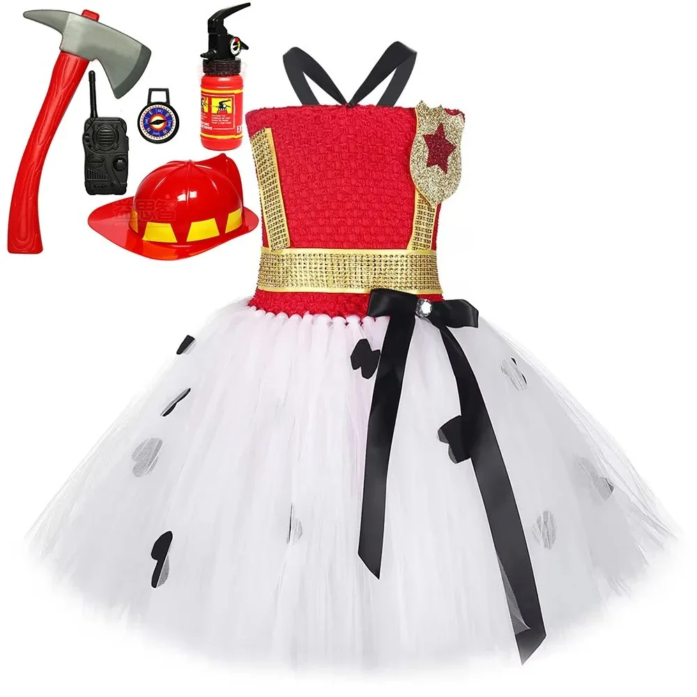 Halloween Kids Firefighter Themed Red Dress Baby Girls Tulle Tutu Skirt Children Stage Show Outfit With Matching Accessory Kit