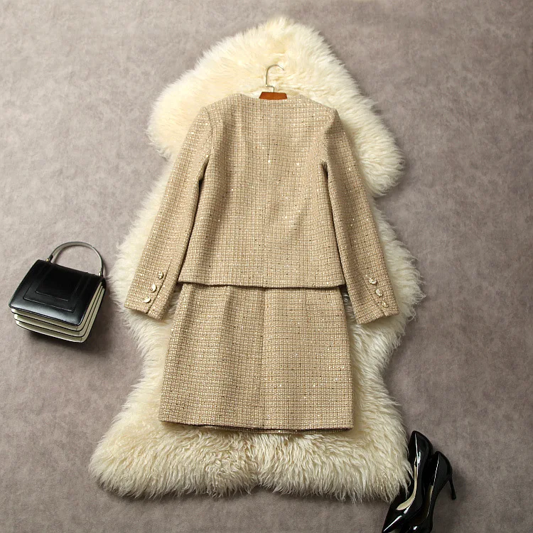 Europe and the United States women's 2024 winter new Long sleeved single breasted stud jacket Tank dress fashion Tweed suit