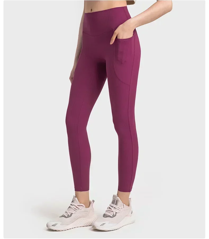 Lemon Women High Waist Ribbed Fabric Leggings with Pockets Gym Running Sport Yoga Pants Outdoor Jogging Sport Tights Trousers