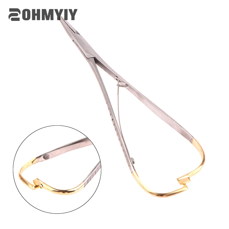 1PC Dental Stainless Steel Tweezers Needle Holder Orthodontic Plier with Gold Handle Dental Surgical Tool Instrument