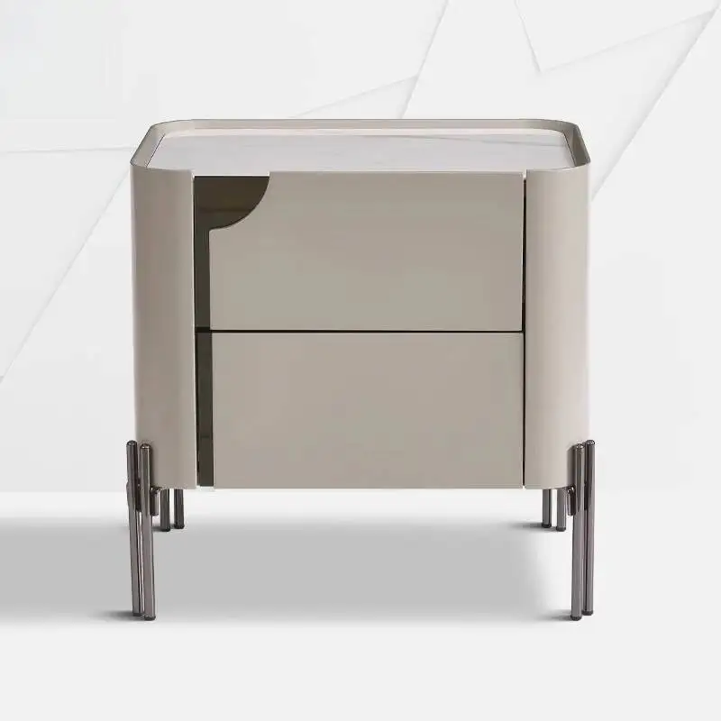 Italian Minimalist Bedside Table Simple Stainless Steel High Foot Rock Board Cabinets Master Bedroom Bedside Storage Cabinets