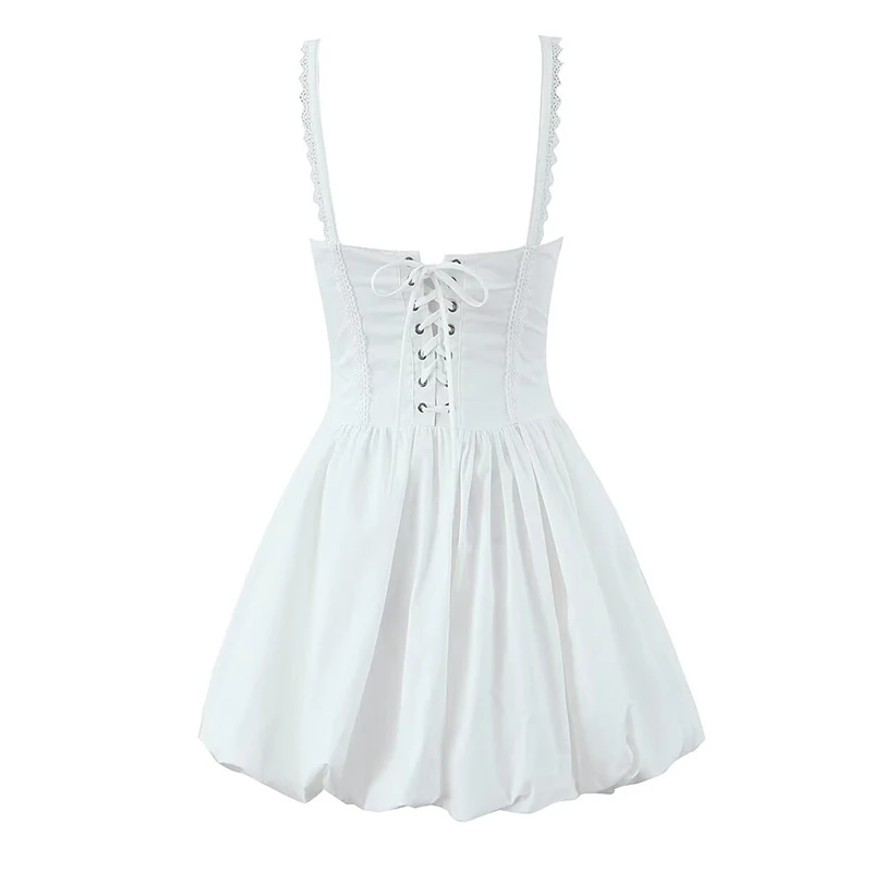 YENKYE 2025 Women Lace Spliced Black White Sling Mini Dresses Low Waist Cotton Summer Sexy Party Dress Sexy Lacing Up Robe