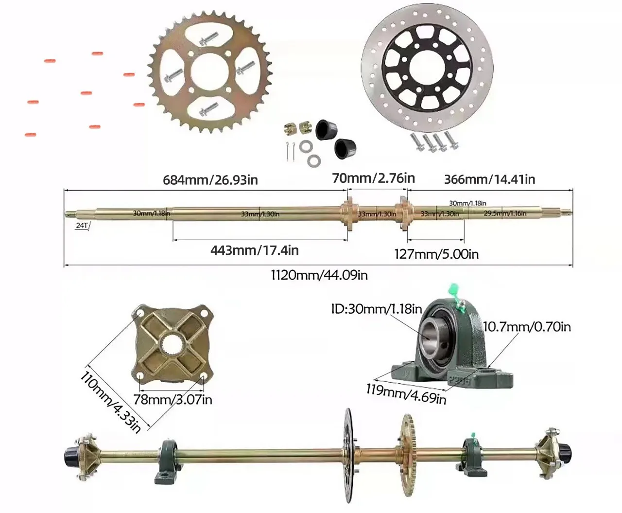 Kit de eje vivo trasero de 44 pulgadas para ATV y Go-Kart - Conjunto completo de cubo de rueda con rodamientos