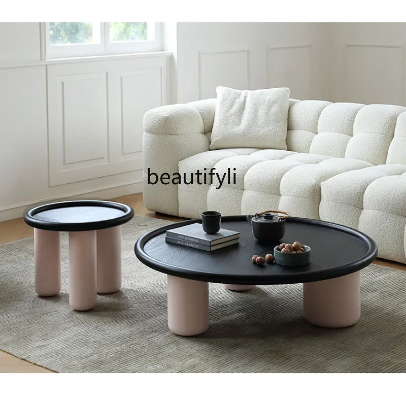 

yj Nordic Solid Wood Tea Table Vintage Black round Tea Table Combination