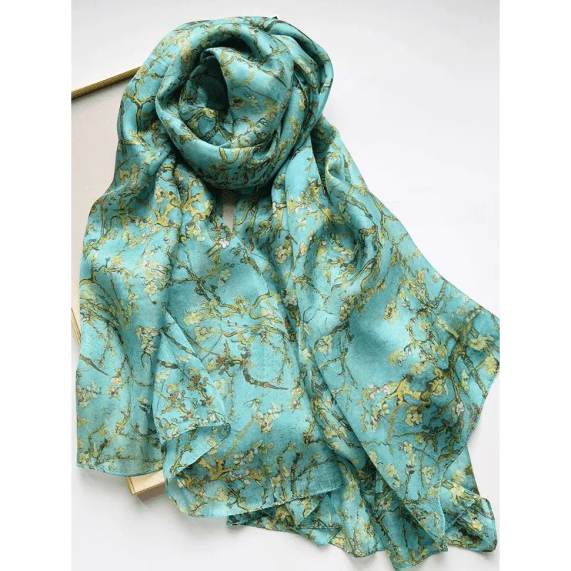 Lightweight Large 100% Mulberry Silk Scarf for Women Oblong Shawl Neck Scarf Beach Wrap Headscarf Gift Pack  blossom print