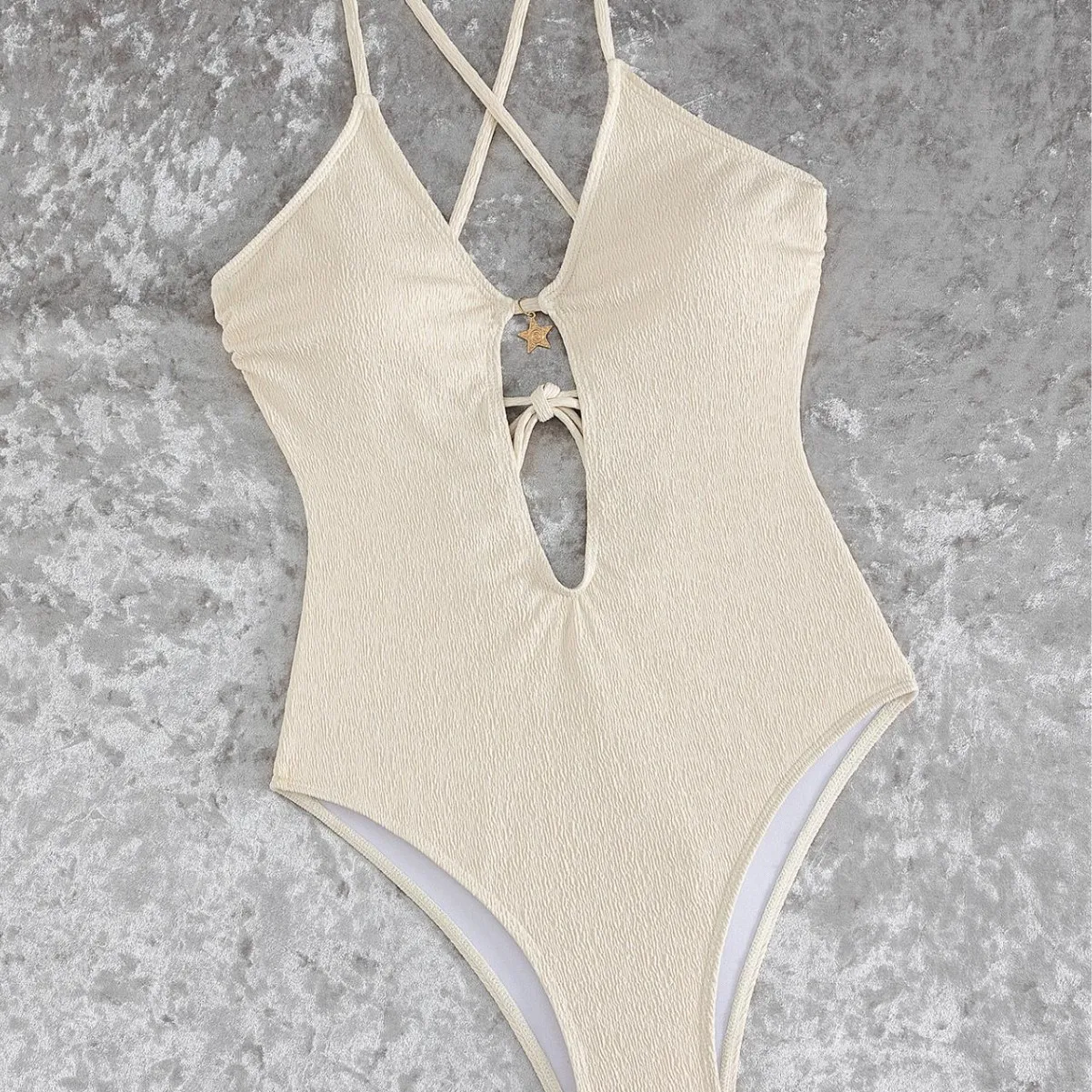 Women Textured One Piece Swimsuit Crisscross Thin Strap Deep V Star Pendant Front Tie Cutout High Cut Cheeky Beach Swimwear