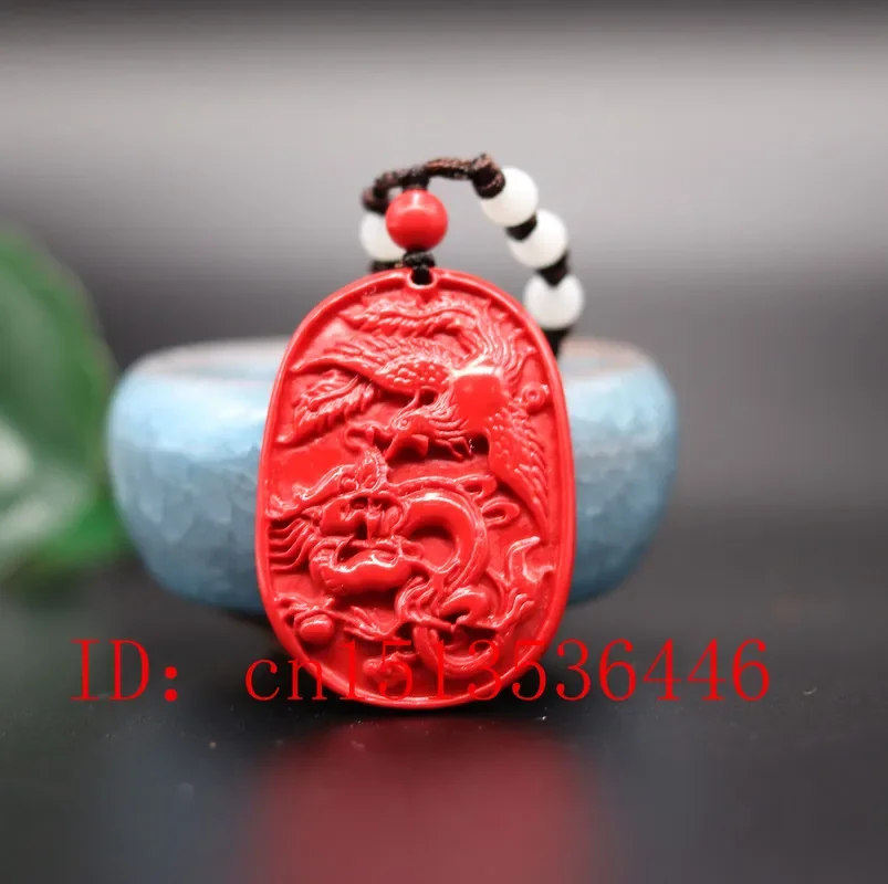 

Chinese Natural Red Organic Cinnabar Dragon Phoenix Necklace Pendant Charm Jewellery Fashion Man Lucky Amulet Gifts