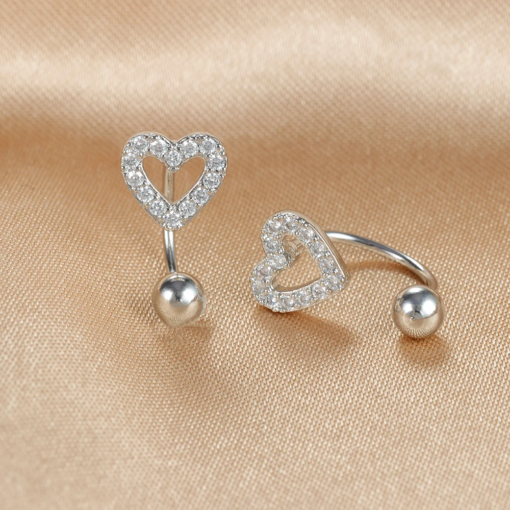 2PCS Fashion Stainless Steel U-shape Earring for Women Mini Crystal Unusual Hollow Heart Stud Earring Cartilage Piercing Jewelry