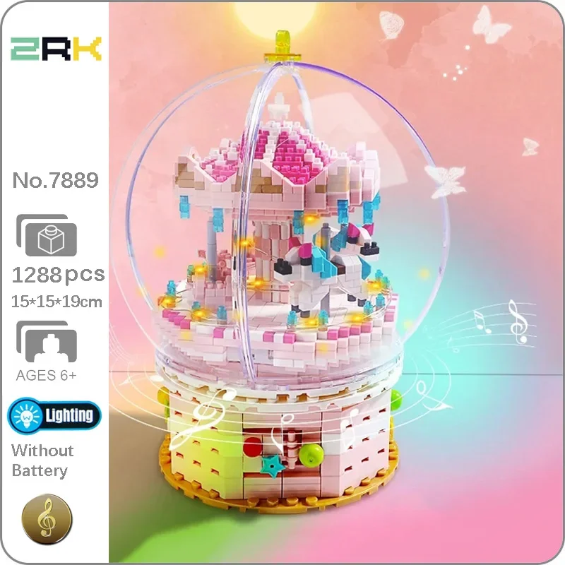 ZRK 7889 Rotate Merry-go-round Carousel Crystal Ball Horse Doll Music LED Light Mini Diamond Blocks Bricks Building Toy No Box