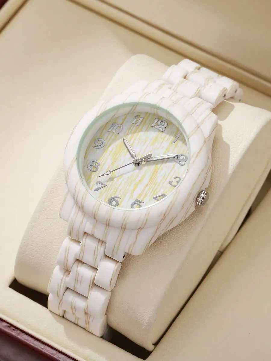 1pc Women's Fashion Wooden Grain Strap & Dial Quartz Wrist Watch